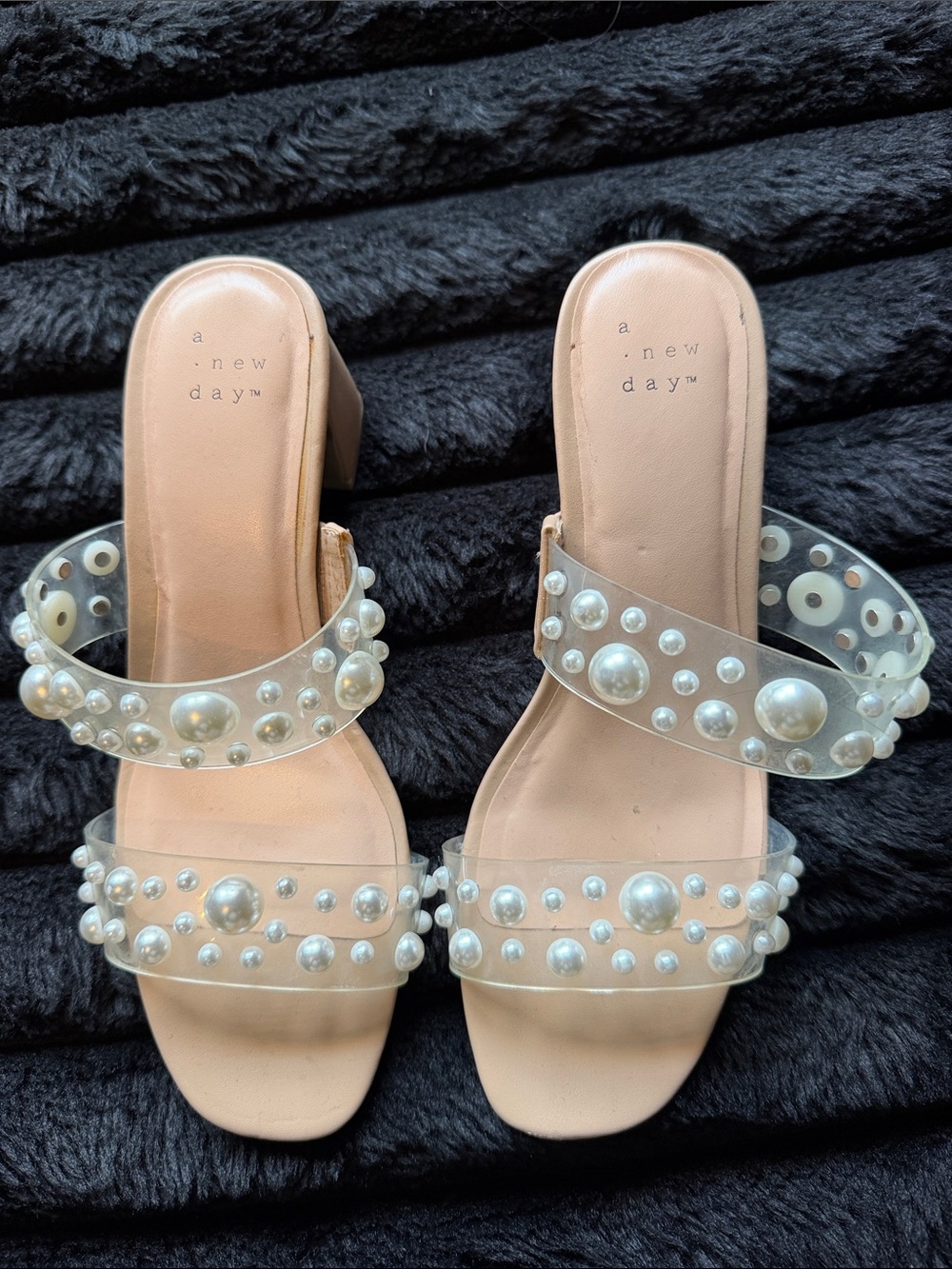 a new day Nude Pearl-Embellished Clear Strap Slide Mules